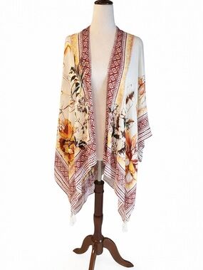Vince Camuto Boho Floral Kimono Cardigan Tassel Hem Lightweight Open Front OS